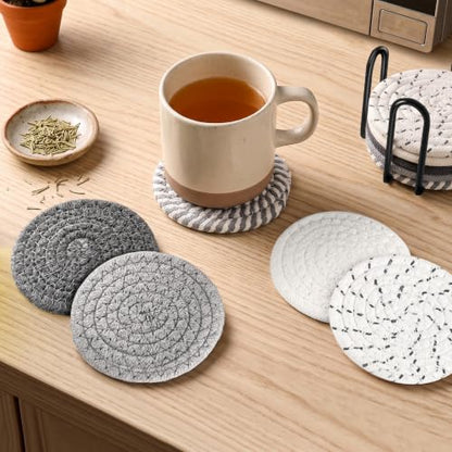10-Pack Cotton Linen Coasters with Holder, Absorbent Drink Coasters for Kitchen & Bar