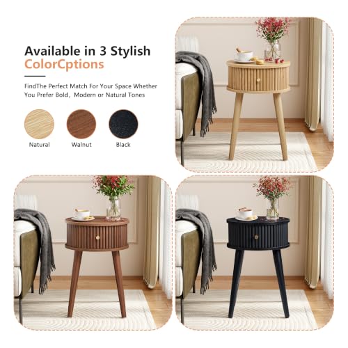 Round Fluted Side Table Set of 2 - Natural, 15.7"D x 15.7"W x 23.6"H, Mid-Century Modern Wooden Nightstands