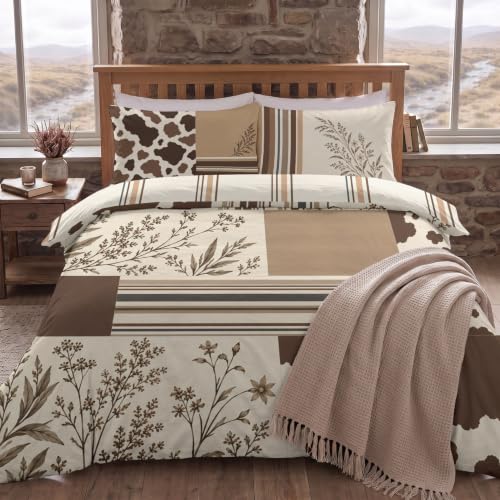 Oversized King Cowhide Patchwork Duvet Cover Set - Oatmeal & Cocoa Brown Variation