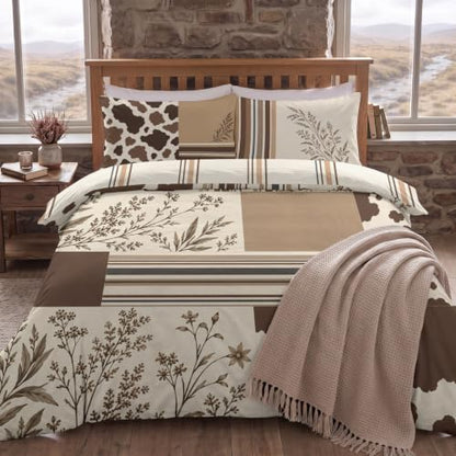 Oversized King Cowhide Patchwork Duvet Cover Set - Oatmeal & Cocoa Brown Variation
