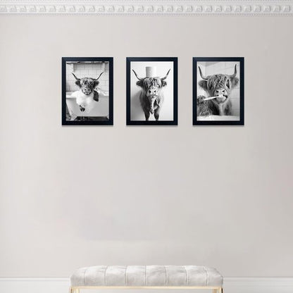 Highland Cow Wall Art | Framed Bathroom Decor - Cute Black and White 3-Piece Canvas Set