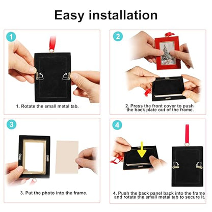 Christmas Picture Frame Ornaments Set of 4 - 2x3 Inch Red Mini Frames with Ribbon