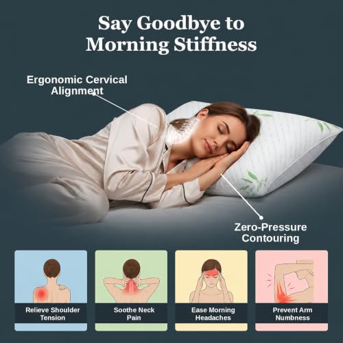 Queen Size Hybrid Cooling Bed Pillows Set of 2 - White, Breathable Bamboo Cover