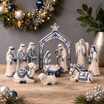Chinoiserie Blue and White Wooden Nativity Set - 13 Pieces Mini Manger Decor