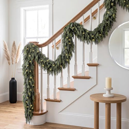 Green Cedar Garland with Lights - 9FT Real Touch Faux Evergreen, 2 Pack