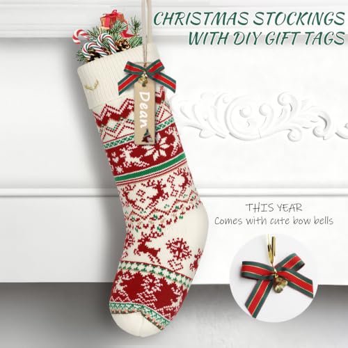 Knit Christmas Stockings Set with Holders & Xmas Patterns - 3 Pack, 18 Inch, Red & Green