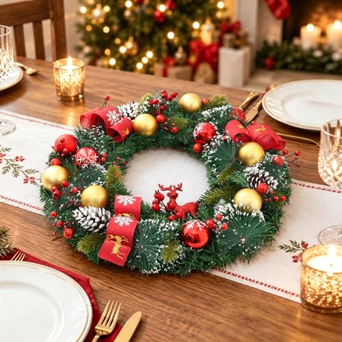 20-Inch Christmas Wreath with Lights Red & Green Reindeer Berries Cones Pine Needles - Front Door Decor