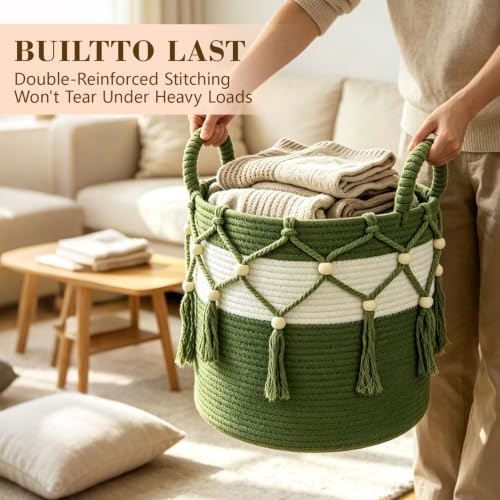 Green Cotton Rope Blanket Basket for Living Room Storage & Toy Organizer