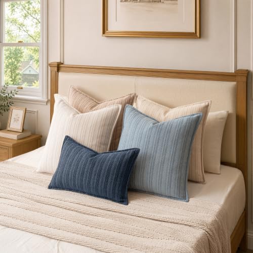 Dark Blue Textured Throw Pillow Covers 20x20 Set of 2 - Chenille Decorative Cushion Covers for Couch Sofa Bed Living Room