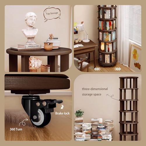 Dark Walnut 6-Tier Solid Wood Rotating Bookshelf Tower - 360° Revolving Book Shelf