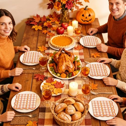 Fall Cocktail Napkins 50 Pack - Orange Brown Plaid Scalloped Edges