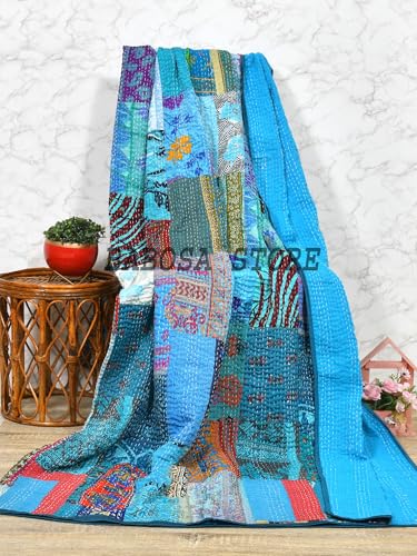 Turquoise Handmade Patchwork Kantha Quilt Bed Cover 40x60 Inch Baby