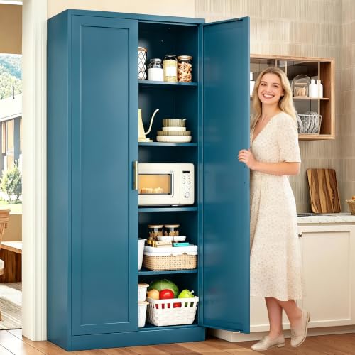 71-Inch Tall Metal Kitchen Pantry Cabinet with Adjustable Shelves - Blue, 71"H x 27.8"W x 14"D