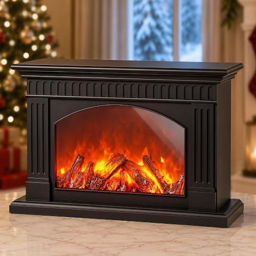 Black Fireplace Lantern with Realistic Flame Effect - Decorative Faux Fire Lamp