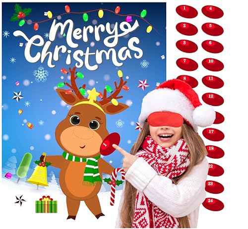 Christmas Pin The Nose On Reindeer Kids Party Game with 24 Reindeer Nose Stickers