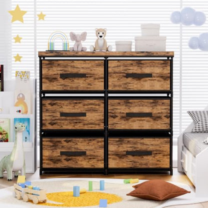 Dresser 6 Fabric Large Drawer Stand with Leather Top - Brown Variation
