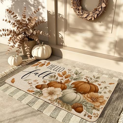Hello Fall Pumpkin Doormat 17x29 Inch Indoor Outdoor Seasonal Welcome Rug