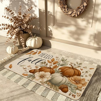 Hello Fall Pumpkin Doormat 17x29 Inch Indoor Outdoor Seasonal Welcome Rug