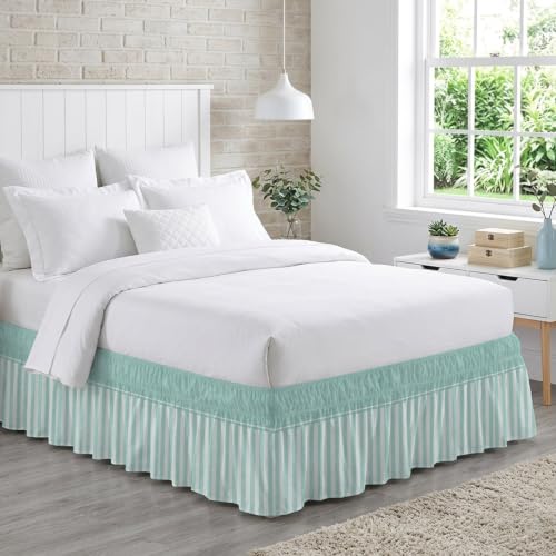 Queen Size Teal Green Striped Bed Skirt - 16 Inch Drop, Adjustable Elastic Dust Ruffle