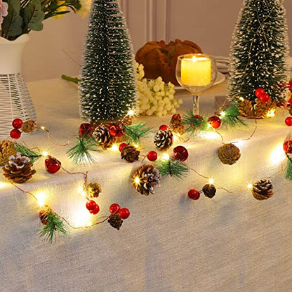 Indoor Christmas Garland with 30 LED Lights, Red Berries & Pine Cones