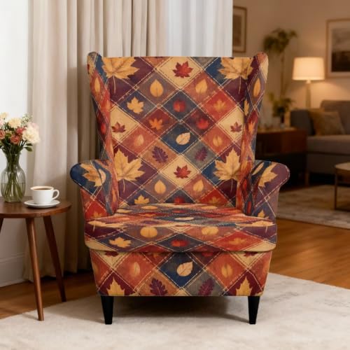 Fall Plaid Maple Leaves Wing Chair Cover 2-Piece Non-Slip Protector