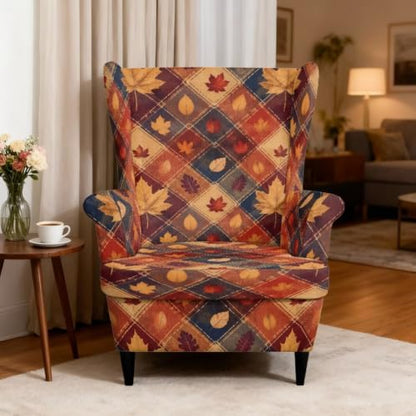 Fall Plaid Maple Leaves Wing Chair Cover 2-Piece Non-Slip Protector