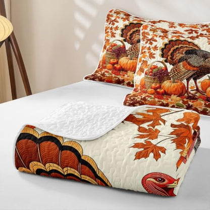 Castle Fairy Autumn Turkey Quilt Set Queen Size - Fall Harvest Bedding with Pillow Shams - Orange Red Cream, 3 Pieces
