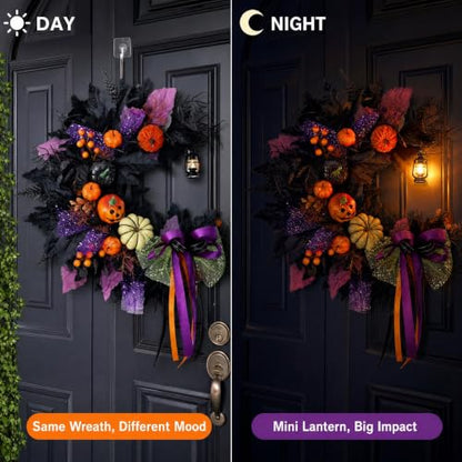 Halloween Wreath for Front Door Crescent Moon Pumpkins Lantern Spooky Decor