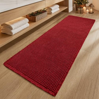 MIULEE Burgundy Red Waffle Bathroom Runner Rug 24x60 Inches Non-Slip Bath Mat