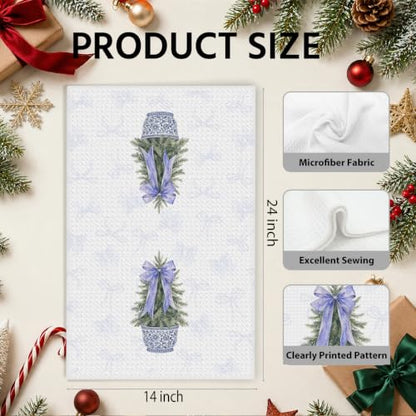 Chinoiserie Christmas Kitchen Towels - Blue Bow Tree Dish Hand Towels Multi 0368