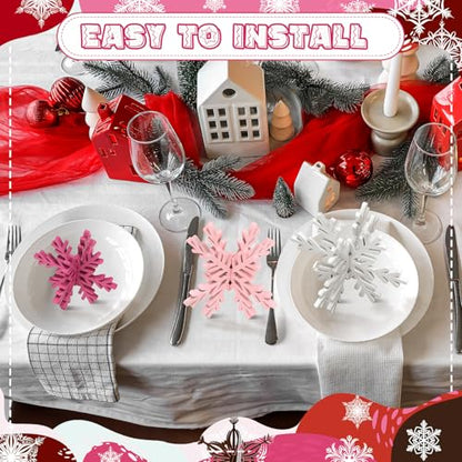 Wooden Snowflake Table Decorations Set - 12 Pcs Winter Holiday Centerpieces - White, Pink, Rose Red