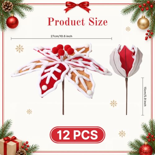 Gingerbread Poinsettia Christmas Picks - 12 Pack, Handmade Holiday Flowers