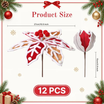 Gingerbread Poinsettia Christmas Picks - 12 Pack, Handmade Holiday Flowers