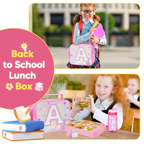 JYPS Lunch Box for Girls-Insulated Lunch Bag,Kids Bento Box with 6 Compartment,Water Bottle,Ice Pack,Salad Container,Perfect Lunch Container for Kids and Toddlers Back to School Age 7-15(Pink A)