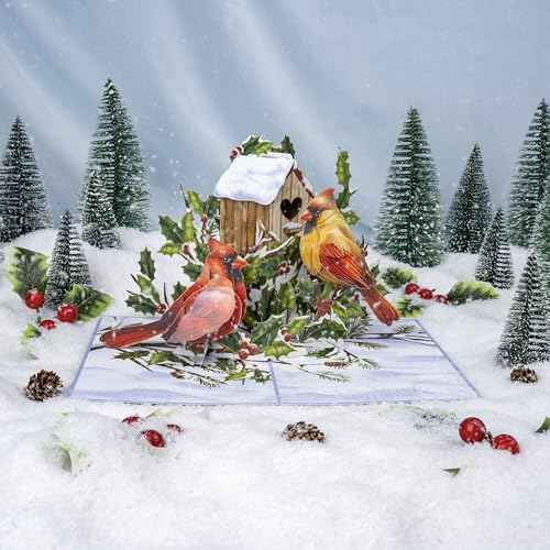 Two Cardinals Pop Up Card, Merry Christmas, Birdhouse, Winterberry Branch, Snow, 3D Greeting Card, Ideal Gift for Xmas Season, Table Decorations, 5x7 - Includes Envelope And Message Note