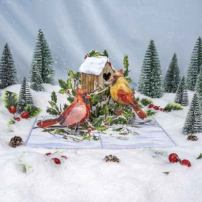 Two Cardinals Pop Up Card, Merry Christmas, Birdhouse, Winterberry Branch, Snow, 3D Greeting Card, Ideal Gift for Xmas Season, Table Decorations, 5x7 - Includes Envelope And Message Note