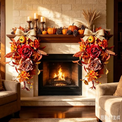 Fall Dahlia 2 Pack 21 Inch Teardrop Wreaths for Front Door Thanksgiving Decor