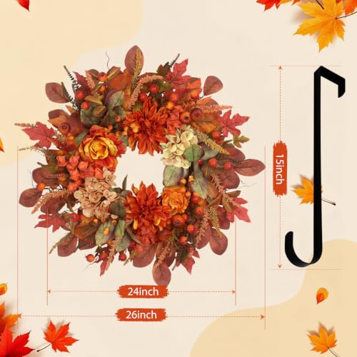 Autumn Harvest Wreath for Front Door - 26 Inch Fall Decor with Orange Dahlias & Maple Leaves