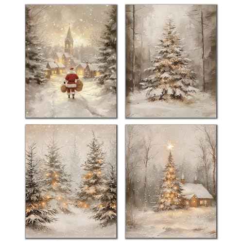 DOFQZ Winter Christmas Wall Art Prints Set of 4, Christmas Home Room Decor, Vintage Winter Xmas Pine Tree Forest Santa Cabin Posters for Home Bedroom Living Room Decor, 8x10 Unframed