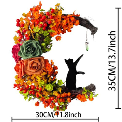 Black Cat Moon Halloween Wreath - Gothic Fall Front Door Decor D