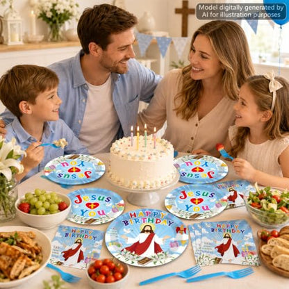 96Pcs Christian Jesus Birthday Party Tableware Set - Plates, Napkins, Forks
