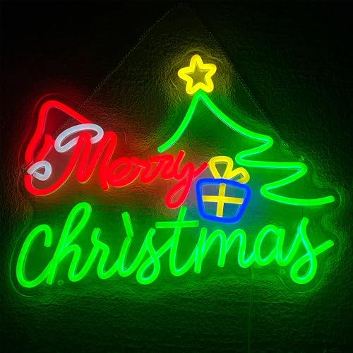 Green Merry Christmas Neon Sign for Decor, USB Powered Wall Light 16.4x12.6 Inches