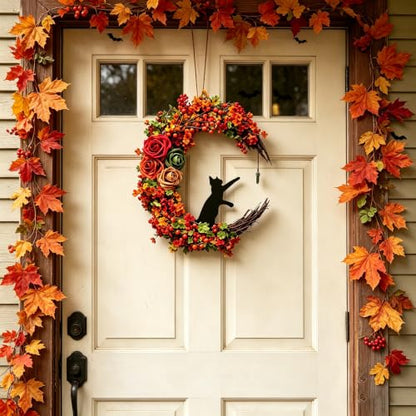 Black Cat Moon Halloween Wreath - Gothic Fall Front Door Decor D