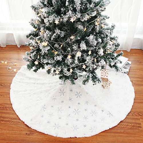 Christmas Tree Skirt 30 Inch Silver Snowflake Embroidery Faux Fur Decor