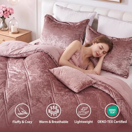 Queen Velvet Comforter Set with Diamond Quilting & Decorative Pillow - Blush