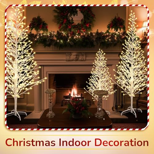Rossesay 3 Pack Lighted White Birch Trees - 4ft, 5ft, 6ft Christmas Decor with LED Lights