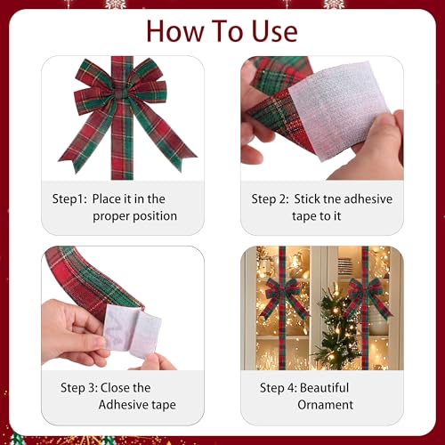 Christmas Cabinet Door Bows Set of 6 - Red Green Plaid Large Holiday Ribbons