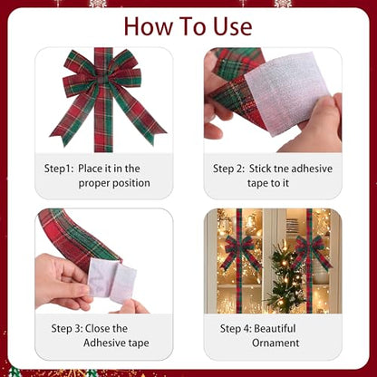 Christmas Cabinet Door Bows Set of 6 - Red Green Plaid Large Holiday Ribbons