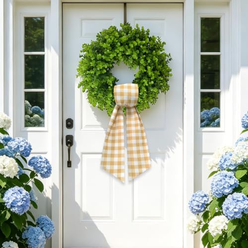 Khaki and White Gingham Wreath Sash for Front Door - 55.5" x 5.1" - Versatile Seasonal Decor