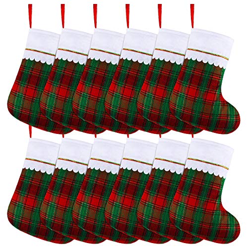 Christmas Stockings Set with Red and Green Plaid Pattern - 12 Pack Holiday Decor